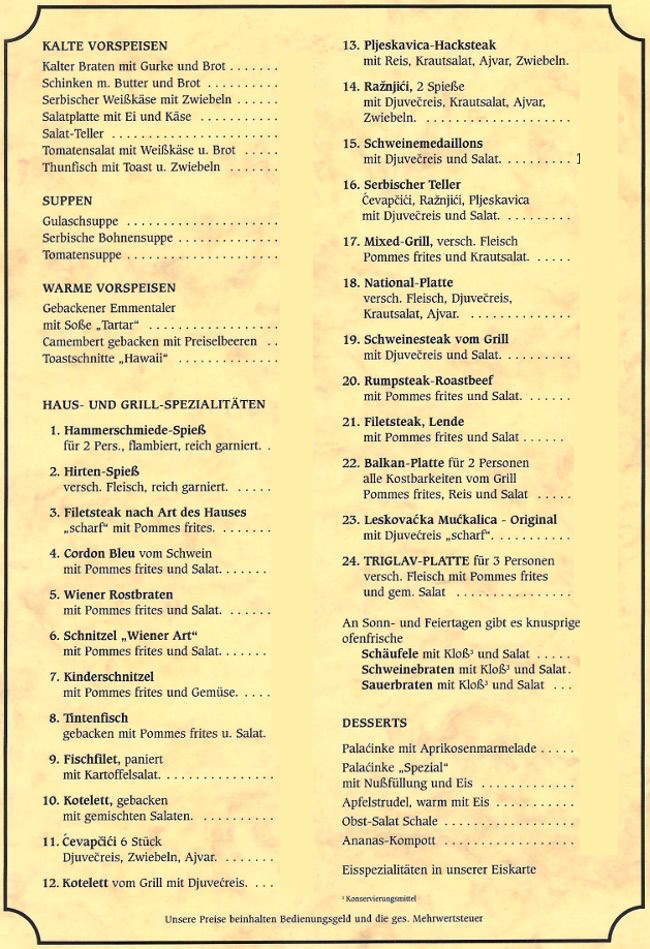 Speisekarte Seite 1